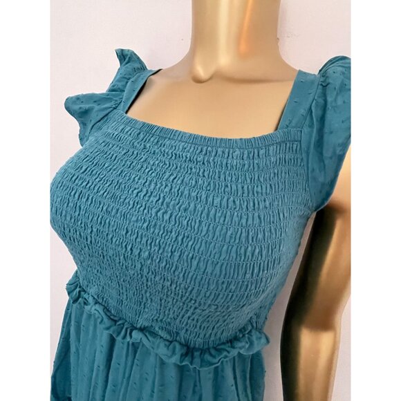 Vintage Y2K Old Navy Teal Smocked Dress With Ruffle Straps & Skirt Cottagecore - Picture 5 of 12